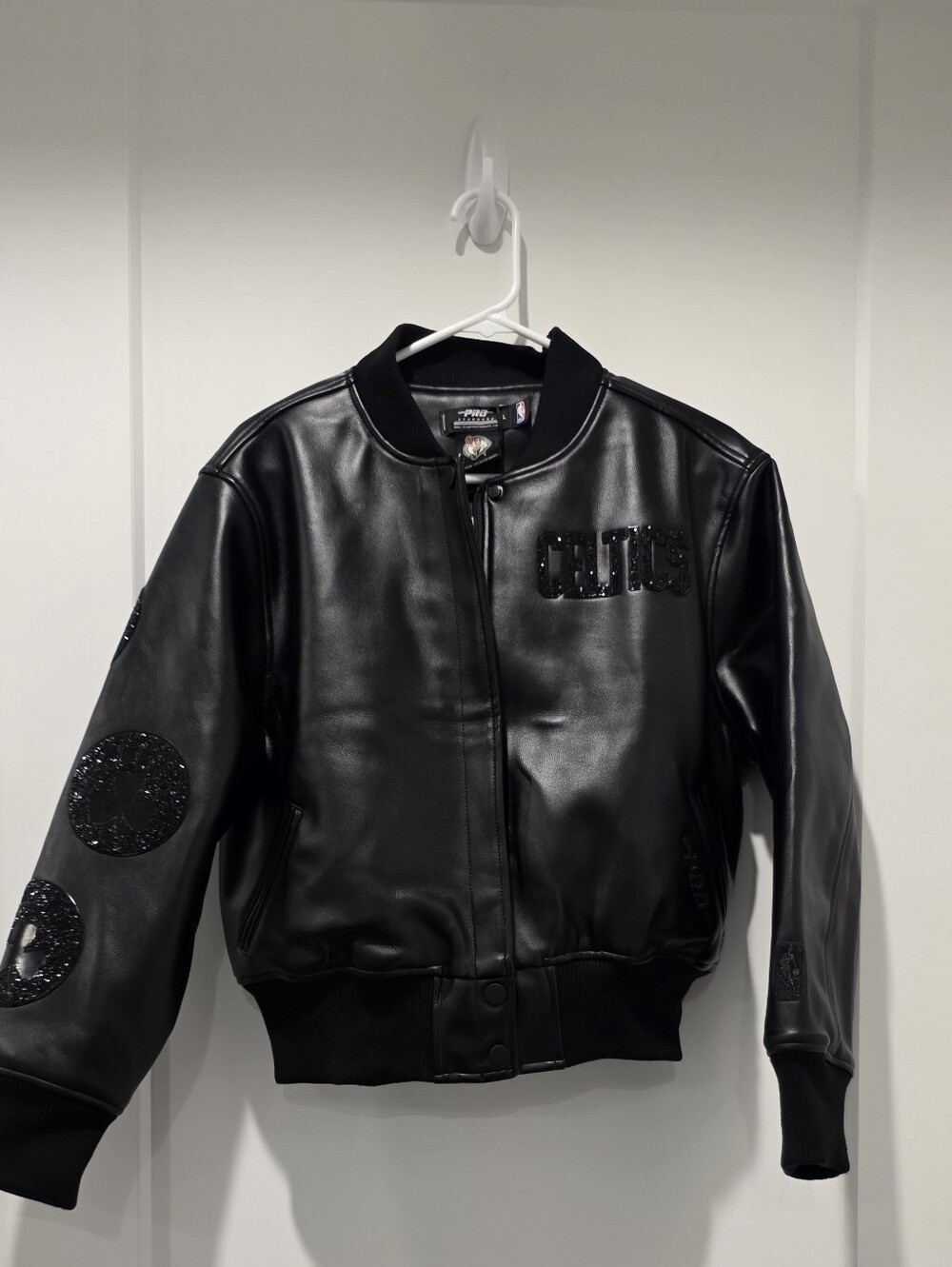 Black Faux Leather Bomber Jacket with Embellished Details Boston Celtics Logo